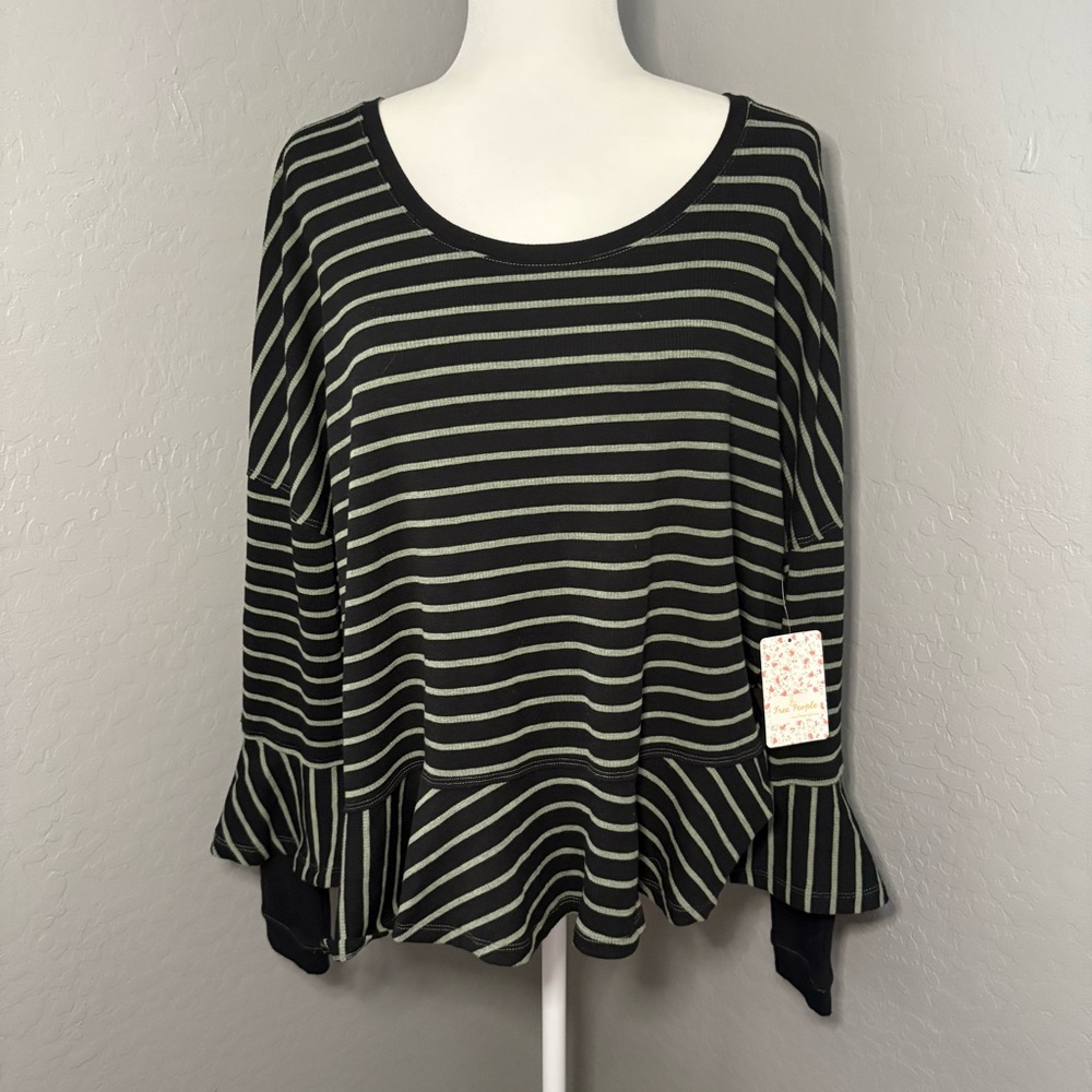 Free People Black and Olive Green Striped Long Sleeve Top